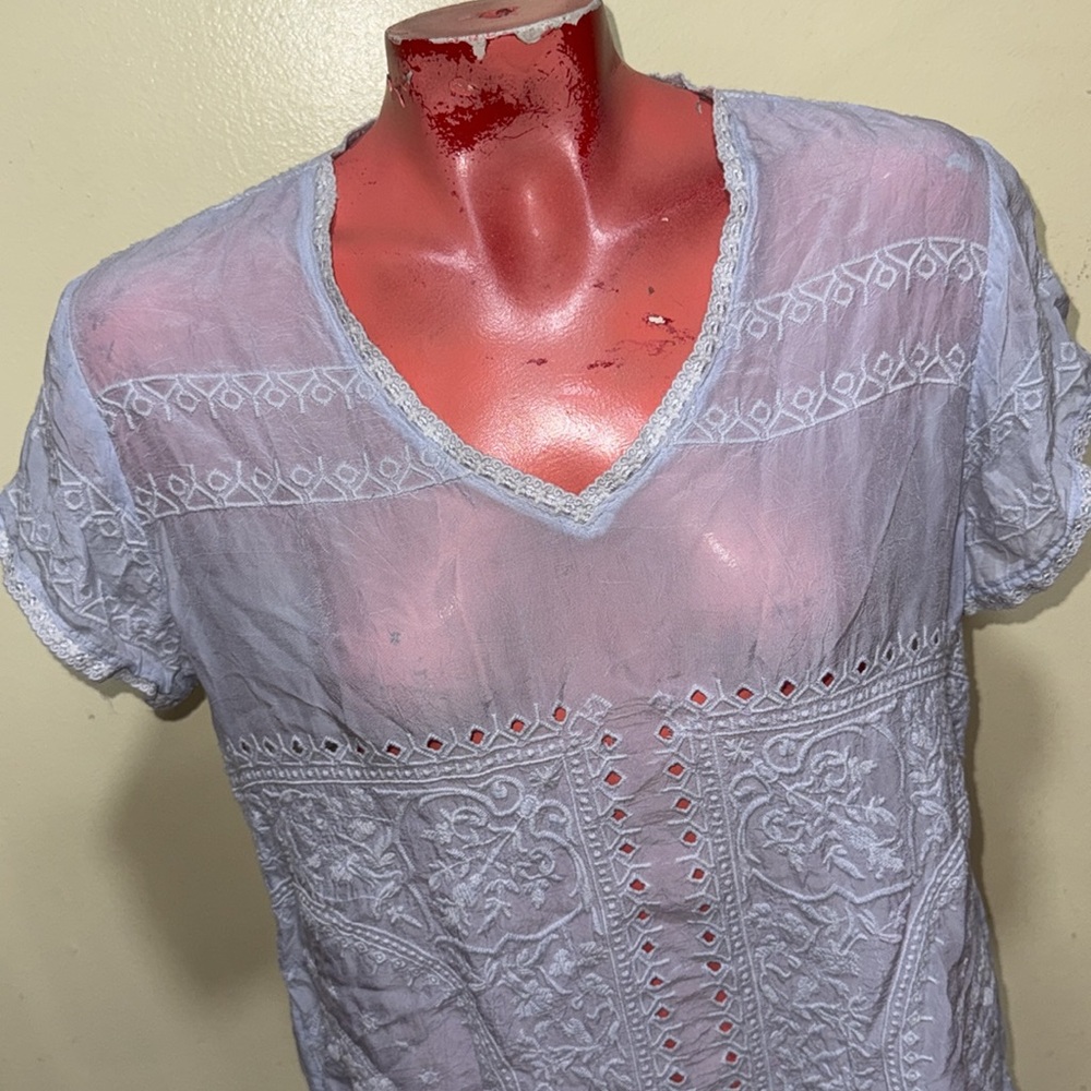 Johnny Was embroidered pale blue top semi sheer size medium. Beautiful! - Picture 2 of 5